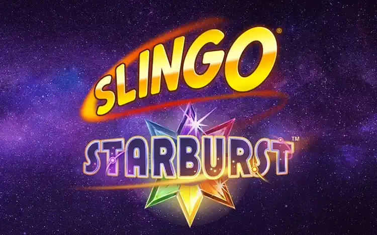 Logotipo Slingo Starburst sobre fondo estelar morado