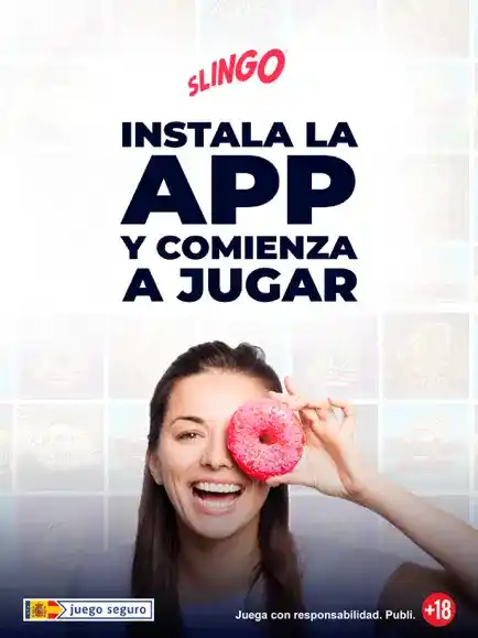 Instala la app Slingo: chica sonriente sostiene una rosquilla
